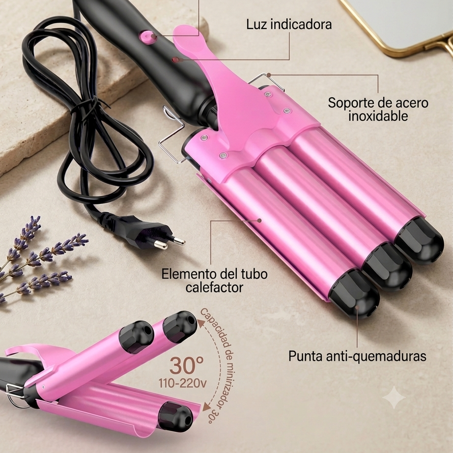 CurLuxe – Rizadora de 3 Barriles con Ondas Perfectas en 30 Segundos