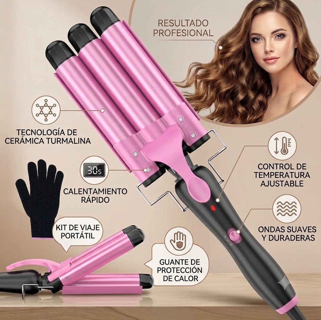 CurLuxe – Rizadora de 3 Barriles con Ondas Perfectas en 30 Segundos
